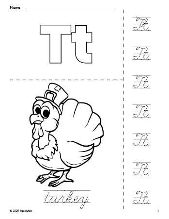 FREE Printable Turkey Thanksgiving Coloring Page and Cursive Letter ...