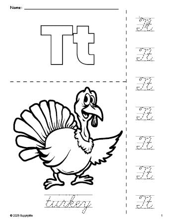 FREE Printable Turkey Thanksgiving Coloring Page and Cursive Letter ...