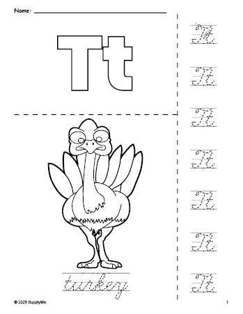 Free printable turkey Thanksgiving coloring page and cursive letter tracing worksheet, letter t worksheet for preschool, pre-k, and kindergarten, PDF