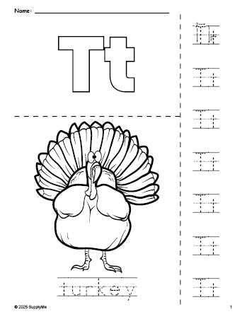 Free printable turkey Thanksgiving coloring page and letter tracing worksheet, letter t worksheet for preschool, pre-k, and kindergarten, PDF