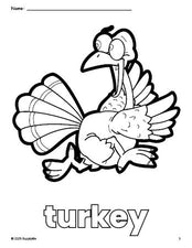 Free printable turkey Thanksgiving coloring page for preschool, pre-k, and kindergarten, PDF