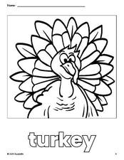 Free printable turkey Thanksgiving coloring page for preschool, pre-k, and kindergarten, PDF