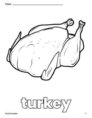Free printable turkey Thanksgiving coloring page for preschool, pre-k, and kindergarten, PDF