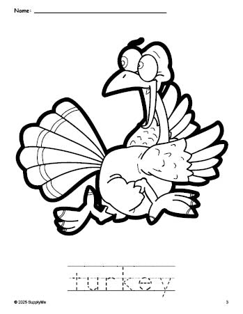 Free printable turkey Thanksgiving coloring page and word tracing worksheet, perfect for preschool, pre-k, and kindergarten, PDF