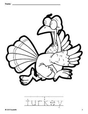 Free printable turkey Thanksgiving coloring page and word tracing worksheet, perfect for preschool, pre-k, and kindergarten, PDF