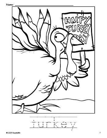 Free printable turkey Thanksgiving coloring page and word tracing worksheet, perfect for preschool, pre-k, and kindergarten, PDF