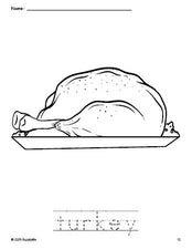 Free printable turkey Thanksgiving coloring page and word tracing worksheet, perfect for preschool, pre-k, and kindergarten, PDF