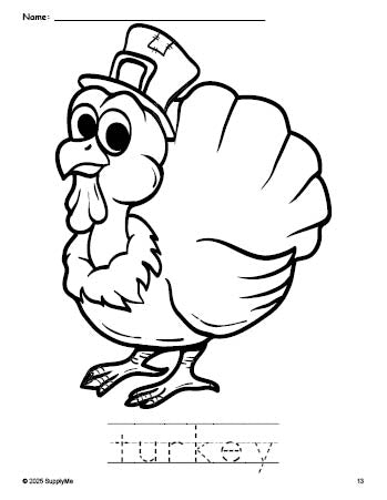 Free printable turkey Thanksgiving coloring page and word tracing worksheet, perfect for preschool, pre-k, and kindergarten, PDF
