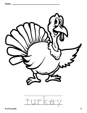Free printable turkey Thanksgiving coloring page and word tracing worksheet, perfect for preschool, pre-k, and kindergarten, PDF