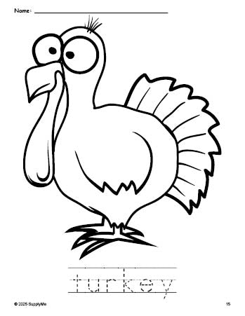 Free printable turkey Thanksgiving coloring page and word tracing worksheet, perfect for preschool, pre-k, and kindergarten, PDF