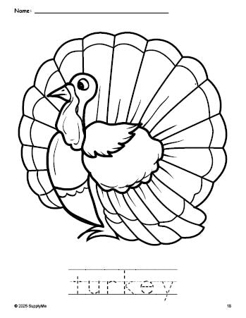 Free printable turkey Thanksgiving coloring page and word tracing worksheet, perfect for preschool, pre-k, and kindergarten, PDF