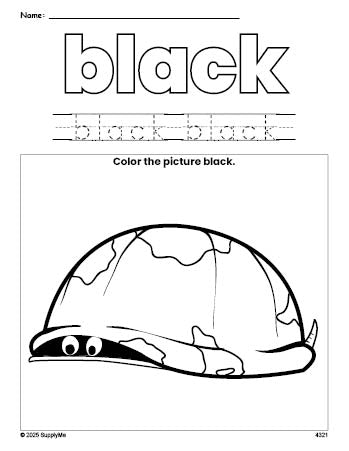 Free turtle color black coloring page and color worksheet, black worksheet for preschoolers to learn colors, printable PDF
