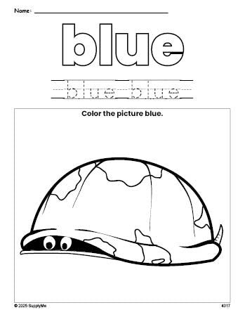 Free turtle color blue coloring page and color worksheet, blue worksheet for preschoolers to learn colors, printable PDF