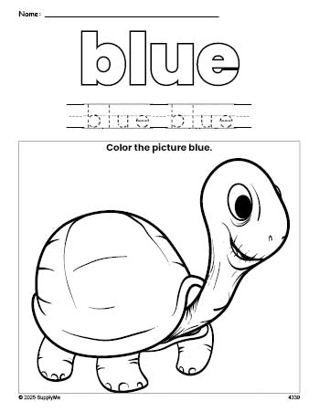 Free turtle color blue coloring page and color worksheet, blue worksheet for preschoolers to learn colors, printable PDF