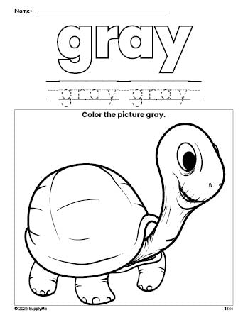 Free turtle color gray coloring page and color worksheet, gray worksheet for preschoolers to learn colors, printable PDF