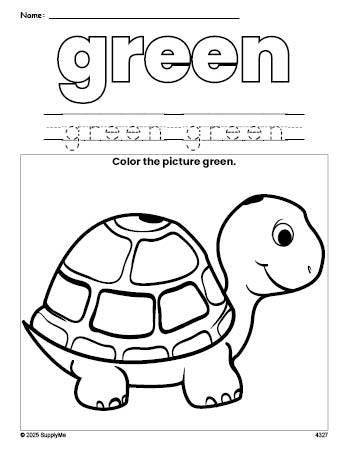 Free turtle color green coloring page and color worksheet, green worksheet for preschoolers to learn colors, printable PDF