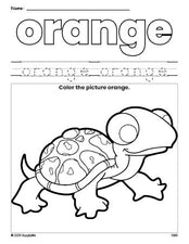 Free turtle color orange coloring page and color worksheet, orange worksheet for preschoolers to learn colors, printable PDF