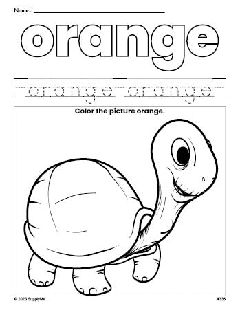 Free turtle color orange coloring page and color worksheet, orange worksheet for preschoolers to learn colors, printable PDF