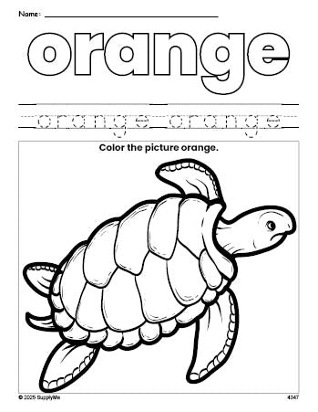 Free turtle color orange coloring page and color worksheet, orange worksheet for preschoolers to learn colors, printable PDF