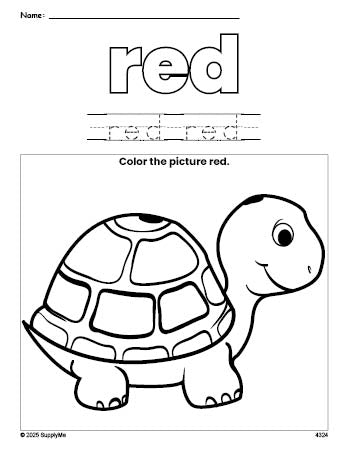 Free turtle color red coloring page and color worksheet, red worksheet for preschoolers to learn colors, printable PDF