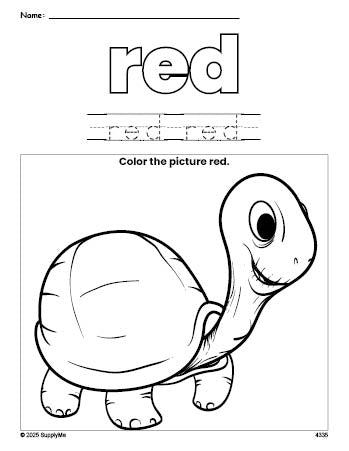 Free turtle color red coloring page and color worksheet, red worksheet for preschoolers to learn colors, printable PDF
