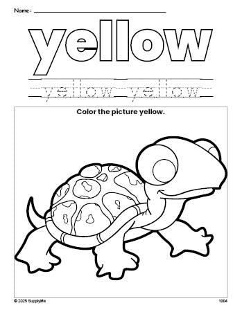Free turtle color yellow coloring page and color worksheet, yellow worksheet for preschoolers to learn colors, printable PDF