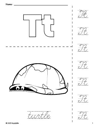 Free printable turtle coloring page and cursive letter tracing worksheet, letter t worksheet for preschool, pre-k, and kindergarten, PDF
