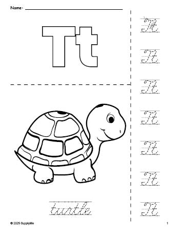 FREE Printable Turtle Coloring Page and Cursive Letter Tracing ...