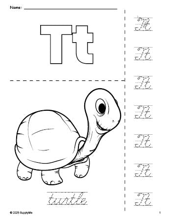 Free printable turtle coloring page and cursive letter tracing worksheet, letter t worksheet for preschool, pre-k, and kindergarten, PDF