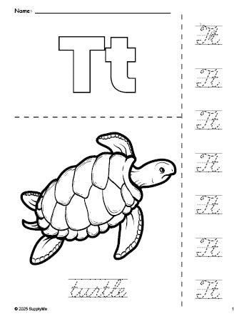 Free printable turtle coloring page and cursive letter tracing worksheet, letter t worksheet for preschool, pre-k, and kindergarten, PDF
