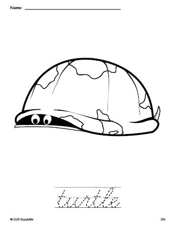 FREE Printable Turtle Coloring Page and Cursive Word Tracing Worksheet ...