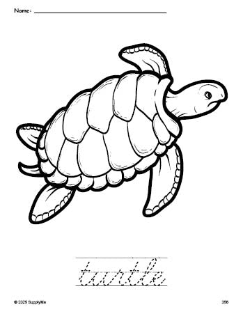 FREE Printable Turtle Coloring Page and Cursive Word Tracing Worksheet ...