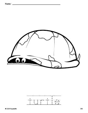 Free printable turtle coloring page and word tracing worksheet, perfect for preschool, pre-k, and kindergarten, PDF