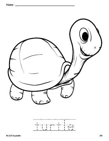 Free printable turtle coloring page and word tracing worksheet, perfect for preschool, pre-k, and kindergarten, PDF