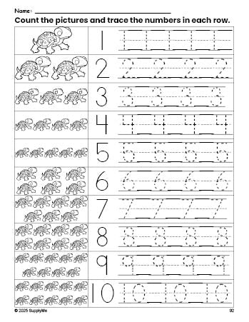 Free printable turtle counting worksheet for preschool and pre-k with number tracing practice 1-10, PDF