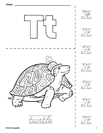 Free printable turtle St. Patrick's Day coloring page and cursive letter tracing worksheet, letter t worksheet for preschool, pre-k, and kindergarten, PDF
