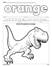 Free tyrannosaurus rex color orange coloring page and color worksheet, orange worksheet for preschoolers to learn colors, printable PDF
