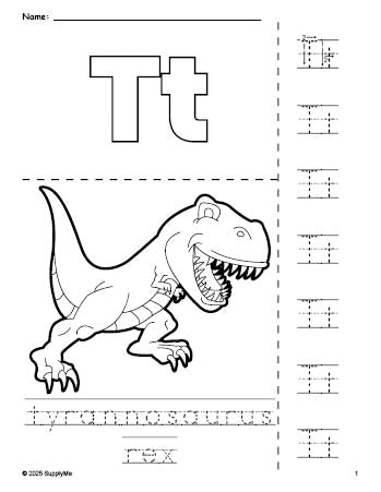Free printable tyrannosaurus rex coloring page and letter tracing worksheet, letter t worksheet for preschool, pre-k, and kindergarten, PDF
