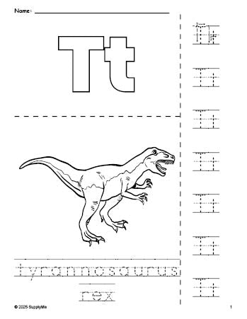 Free printable tyrannosaurus rex coloring page and letter tracing worksheet, letter t worksheet for preschool, pre-k, and kindergarten, PDF