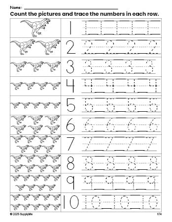 Free printable tyrannosaurus rex counting worksheet for preschool and pre-k with number tracing practice 1-10, PDF