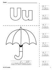 Free printable umbrella coloring page and cursive letter tracing worksheet, letter u worksheet for preschool, pre-k, and kindergarten, PDF