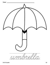 Free printable umbrella coloring page and cursive word tracing worksheet, perfect for preschool, pre-k, and kindergarten, PDF