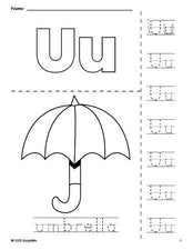 Free printable umbrella coloring page and letter tracing worksheet, letter u worksheet for preschool, pre-k, and kindergarten, PDF