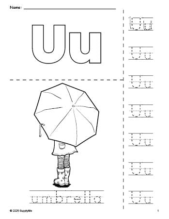 Free printable umbrella coloring page and letter tracing worksheet, letter u worksheet for preschool, pre-k, and kindergarten, PDF