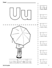 Free printable umbrella coloring page and letter tracing worksheet, letter u worksheet for preschool, pre-k, and kindergarten, PDF