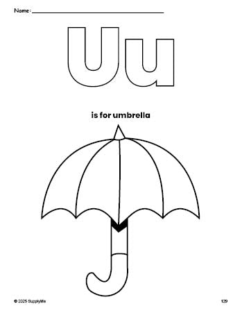 Free printable umbrella coloring page, letter u coloring page for preschool, pre-k, and kindergarten, PDF