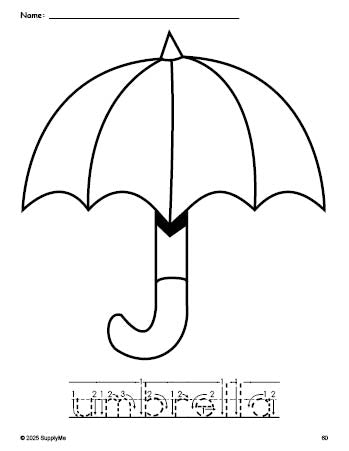 Free printable umbrella coloring page and word tracing worksheet, letter formation guides, perfect for preschool, pre-k, and kindergarten, PDF