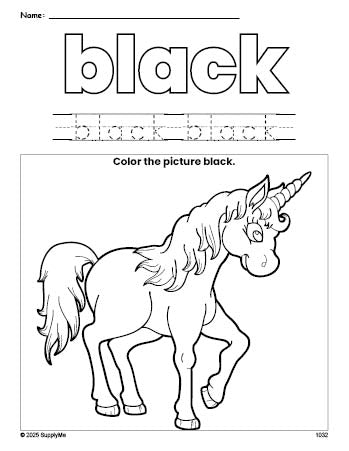 Free unicorn color black coloring page and color worksheet, black worksheet for preschoolers to learn colors, printable PDF