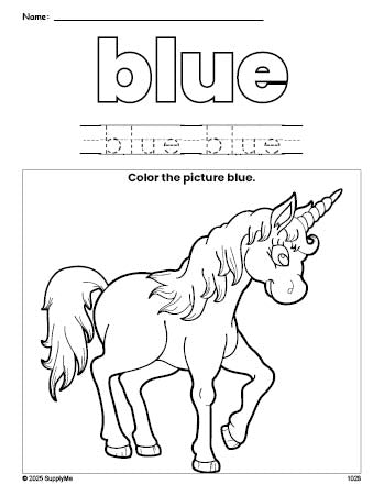 Free unicorn color blue coloring page and color worksheet, blue worksheet for preschoolers to learn colors, printable PDF