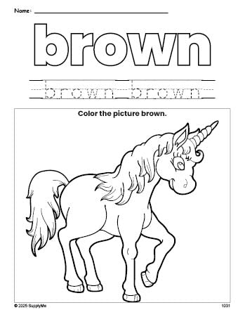 Free unicorn color brown coloring page and color worksheet, brown worksheet for preschoolers to learn colors, printable PDF